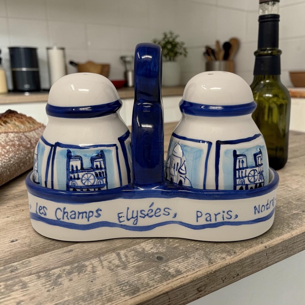 Paris Blue White Ceramic Salt Pepper Shaker Set w/ Caddy Notre Dame Eiffel Tower